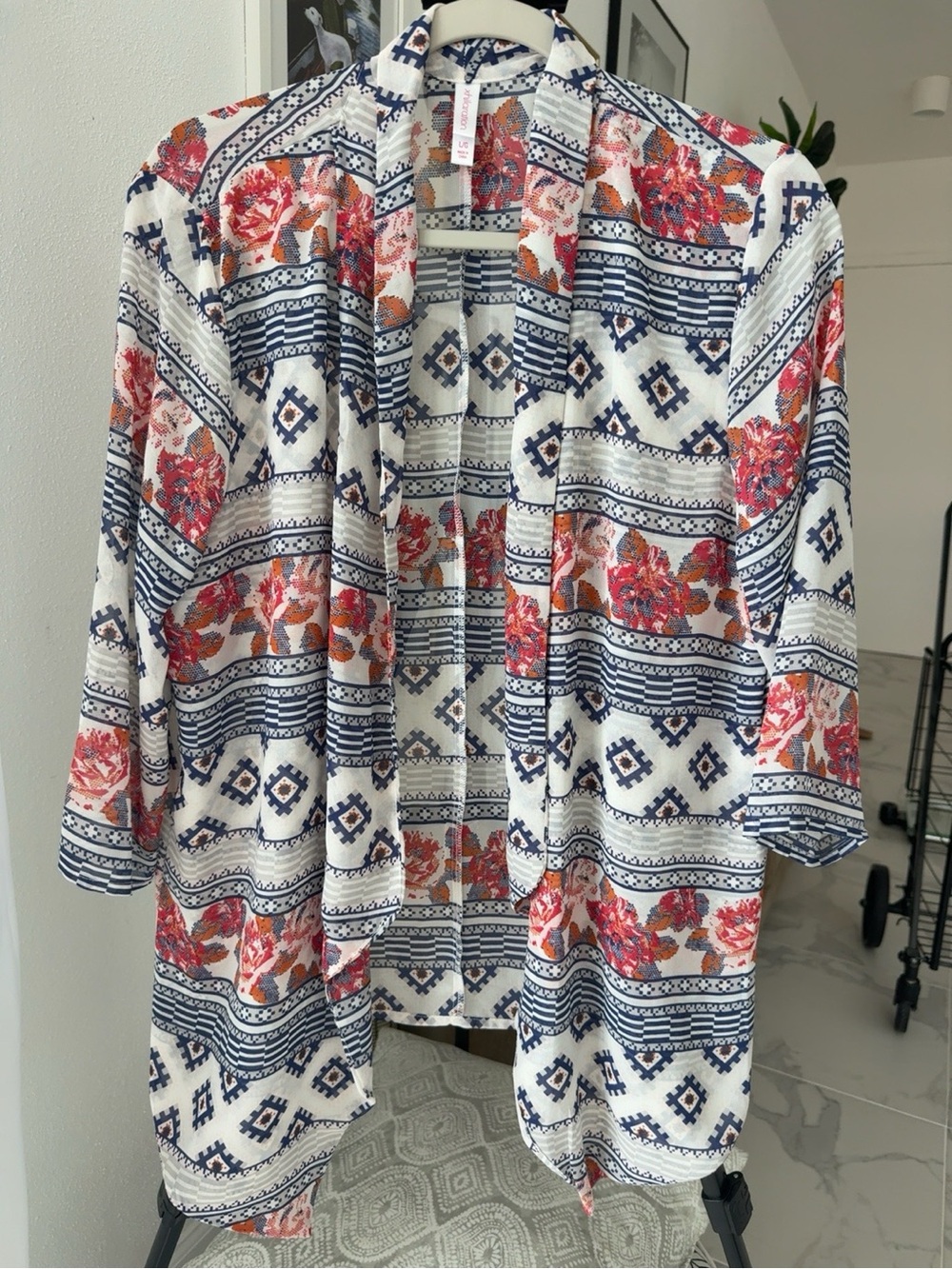 Xhiliration Boho Floral Geometric Kimono, Festival, Beach Cover-Up, Size L